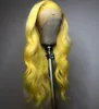 Fri del gul färg peruker kroppsvåg brasilianska transparenta peruker 180% syntetisk spets främre peruk för kvinnor