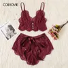 Colrovie pembe taraklı çiçek dantel lingerie set kadınlar pijama seti bordo bralettes ve külot pijama seksi gecelik Y200708