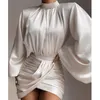 JustChicc Ruched Satin Dress Women White Latn Rleeves Sexy Party Dress Autumn Night Club Mini sukienki 2021 Vestdios4319504