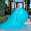 Aqua Mavi İşlemeli Quinceanera Elbiseler Balyaviler Tatlı 16 Elbise 2021 Boncuklu Kristal Straplez Dantel-Up Tül Vestidos De Party Örgün