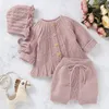 Ny Spring Autumn Infant Baby Girls Pure Color Cardigan Coat + Pants + Hat Clothing Set Kids Suit Girl Knit Set kläder