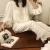 Miękka bawełna ręcznie wykonane hafty damskie piżamy zestawy jesień vintage słodki żeński biały piżama z długim rękawem z długim rękawem 2228 y200708