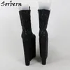 Sorbern 26cm 블록 뒤꿈치 부츠 여성 블랙 스팽글 드래그 퀸 페티쉬 크로스 드 드래그에 대 한 Chunky 힐 신발