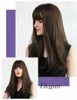 Long straight natural hair with bangs brown shades stripes cosplay wig women