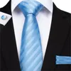 Hi-Tie Light Blue Gestreept Mens Ties Hanky ​​Manchetknopen Set Zijde Hals Ties Voor Mannen Bruiloft Business Tie Mannen Set