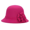 Mulheres Bow Cap Flor sentiu elegante feriado redondo largo borda moda cloche quente outono inverno vintage imitação de lã balde de lã