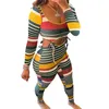 Renkli Çizgili İki Parçalı Set Kadın Giysileri 2021 Eşofman Düşük Kesim Uzun Pantolon Rahat Spor Kadınlar için 2 Parça Kıyafet Tops