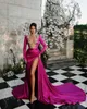 Sexy Fuchsia Satin Evening Dresses For Arabic Women Long Sleeves O Neck See Through High Split Beaded Top Prom Party Gowns