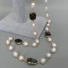 YYGEM Natural White Rice Freshwater Pearl Rosary Chain Faceted Pear Labradorite Bezel Set Sweater Chain Wrap Halsband 28 "Q0531