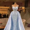 Light Sky Blue Mermaid Evening Dresses With Detachable Train Arabic Aso Ebi Sheer Neck Lace Appliques Women Formal Prom Party Gowns Plus Size Vestidos De Novia AL9778