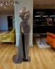 Dubai Grey Sequin One Shoulder Mermaid Evening Dress Långärmad Hög Slit Afrikansk Prom Klänningar High Neck Arabic Formella klänningar T200604