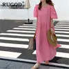 RUGOD Korean ins solid loose summer dress Fashion back singlebreasted ladies dress Casual square collor split maxi dress T200416