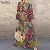 Zanzea kvinnor blommig tryckt sundress 2021 våren vintage o neck 3/4 ärm fest lång klänning casual kaftan vestido plus storlek 7 y0118