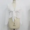 Camicetta da donna sexy trasparente camicia bianca pullover a pois scollo a V staccabile con fiocco increspature manica a lanterna crop top LJ200812