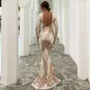 반짝이 인어 이브닝 파티 드레스 긴 소매 장식품 Applique Sweep Train Fishtail Prom Dress 착용 Abiti Da Sera Sexy