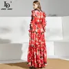 Ldlindadella Summer FashionRUNWE MAXI Sukienka Kobiety Dot Mesh Rękaw Ruffles Red Floral Print Eleganckie Długie Dresses 201204