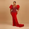 Red Velvet Prom Dresses Wth Puffy Sleeves Sheer Neck Appliques Beafs African Women Aso Ebi Evening Dress Plus Size Vestidos