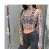 Casual Green Snake Print T Shirt Women Mesh Top Long Sleeve Transparent Snakeskin Female T-shirt High Neck Crop Tops