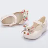 Diseñador arco transparente fresa niñas sandalias lindas niños pescado boca zapatos niño sandalia bebé cómodo niños princesa jalea zapatos