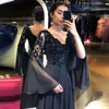 Black Evening Dresses V-Neck Long Flare Sleeves Appliques A-Line Arabic Chiffon Prom Gowns Mother of the Bride Party