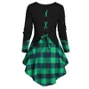 Plus Size Tops Long Sleeves 5XL For women Plaid Lace Up Asymmetrical High Low Tops Female O-Neck T-shirt Tops de mujer 201028
