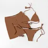 Maillot de bain en flanelle marron rose Bikini femmes mode maillots de bain jupe costume en Stock ensemble trois pièces maillots de bain avec étiquettes de protection