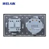 WELAIK 2Frame-Crystal Glass-Panel Wall-Switch EU Touch-Switch-Screen EU Wall-Socket 1gang-1way AC250V A29118ECW/B T200605