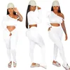 Kvinnors Tracksuits Sexig Sticka Två Piece Set Matching Set för Kvinnor Fall One Shoulder Crop Top och Split Hem Pants Leggings Sweat Suits Club