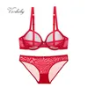 Varsbaby sexy big red see-through filato lingerie set strass fiocco trasparente reggiseno e slip set Y200708