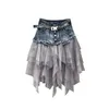 Röcke Sommer Denim Jeans Rock Frauen Unregelmäßige Hohe Taille Tüll Mesh Patchwork Taschen gefaltet Mid-Calf Tutu 2021 Street1