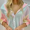 Women's Blouses Shirts Women Fashion Striped Print Shirt Lady Long Sleeve Blouse Turn Down Collar Ruched Button Design Casual Tops