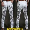 Men's Jeans Ink Printing Men's Korean Style Trendy Casual Trousers Slim Fit Feet Personality 3D Dragon Pattern Red Pants287o