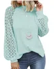 Jesienne kobiety odzież długi rękaw t shirt topy koronki patchwork hollow-out design solid casual O-neck rękaw puffowy swetry trójniki