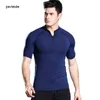 Compression chemise hommes entraînement hommes course t-shirt marque GYM Jogging sport manches courtes Rashguard fermeture éclair haut t-shirt Training1