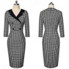 Classic Houndstooth Elegant Bodycon Vintage Charming Office Lady Double Buttons Dress LJ201112