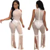 Sparkly Rhinestone Sexy Party Jumpsuit Women Sheer Mesh Bodysuit See Through Clubwear Bottom Fringe Tassel Plays