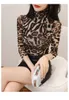 Autumn new womens sexy bodycon gauze leopard print long sleeve turtleneck t-shirt plus size SMLXLXXL3XL