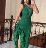 2021 Yeşil Aso Ebi Arapça Lüks Dantel Boncuklu Prom Elbiseler Denizkızı Uzun Kollu Gece Elbiseleri Tüy resmi parti İkinci resepsiyon önlükleri