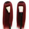 Red Wigs Full Neat Bangs Long Silky Straight Wig Heat Resistant Synthetic Fiber Hair Dark Roots Ombre Color Glueless Full Machine Made