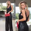 Schwarze elegante Jumpsuits mit Pailletten, Abendkleider, tiefer V-Ausschnitt, Spaghetti-Abschlussballkleider, rückenfrei, formelle Festzugskleider, Party-Abschlussball, Hosenanzüge