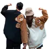 2021 Jesień Harajuku Mężczyźni Okrągły Bluza szyi Flocking Cartoon Bear Fleece Długie Rękawy Bluzy Unisex Para Dopasowanie Znosić