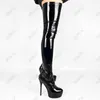 Rontic Hot Women Spring Crotch Boots Stretch Patent Leather Stiletto Heel Round Toe Pretty Black Night Club Shoes US Size 5-20