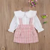 FOCUSNORM Automne Princesse Enfants Bébé Filles Vêtements Ensembles 2 pcs Peter Pan Col Simple Poitrine Tops Plaid Imprimer Bib Strap Dress G220310