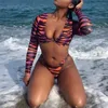 Thong African swimwear Sexy Stripe print bathing suit women Long sleeve Female swimsuit Padded bra Bikini set Brazilian T200508