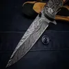 Cuchillo de hoja plegable con diseño de plumas de Damasco, hoja de alta dureza, mango de madera, cuchillo de bolsillo asistido por resorte para acampar