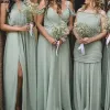 Sage Green Drawsmaid Vestidos Chiffon Uma Linha 2022 Halter Correias Comprimento do Assoalho Lateral Lateral Plus Tamanho Maid do Vestido de Honra Country Wedding Formal Evening Wear Vestidos