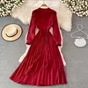 Primavera otoño Vintage mujeres Casual Vestidos cuello redondo Puff manga drapeado Maxi bata mujer elegante gran Swing Vestidos nuevo 2022