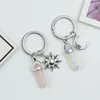 Natursten Hexagon Prism Keychain Star Moon Charm Key Ring Smycken för Man Kvinna Par Present