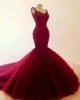 Pretty Backless Wiine Red Mermaid Evening Dresses 2021 Lace Beaded Long Prom Pageant Gowns Lace Appliqued Runway Dress Vestido De 211z