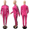 Agasalhos femininos 2021 Conjunto de 2 peças feminino outono ombro frio zíper para cima decote em V manga comprida jaqueta rosa bainha dividida calças patchwork leopardo